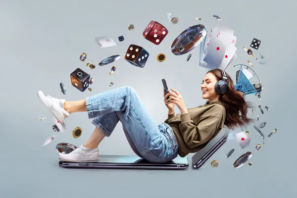 D63 Slots — Thousands of thrilling machines await A woman smiling by bright slot machines showing lucky symbols, showcasing the exciting slot offerings at D63.